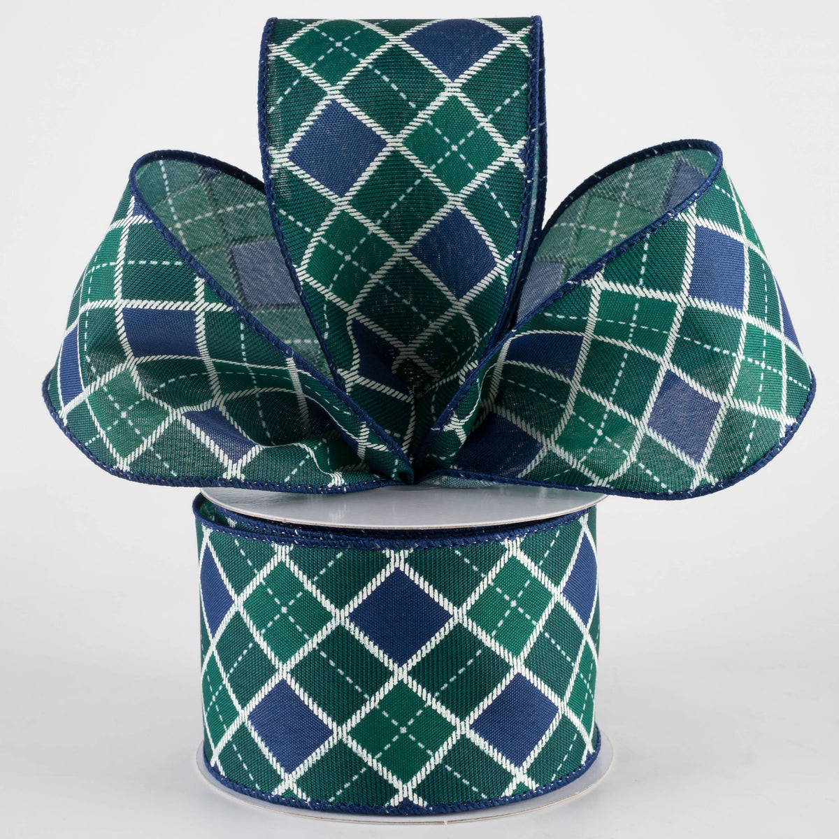 2.5" Diagonal Bonnie Check Ribbon: Navy, Green & White (10 Yards) Lifestyle Photo