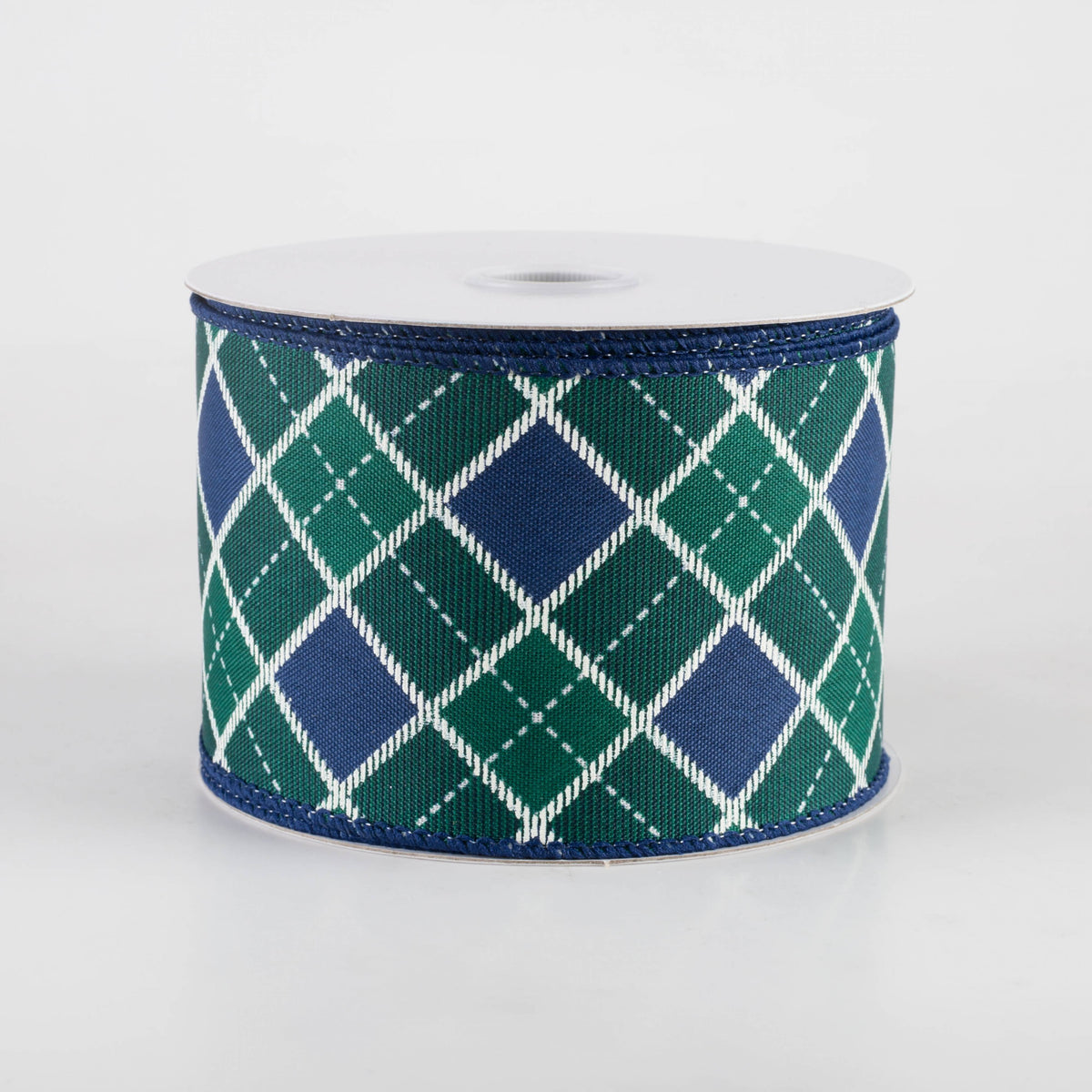 2.5" Diagonal Bonnie Check Ribbon: Navy, Green & White (10 Yards) Item Number: 71470-40-07