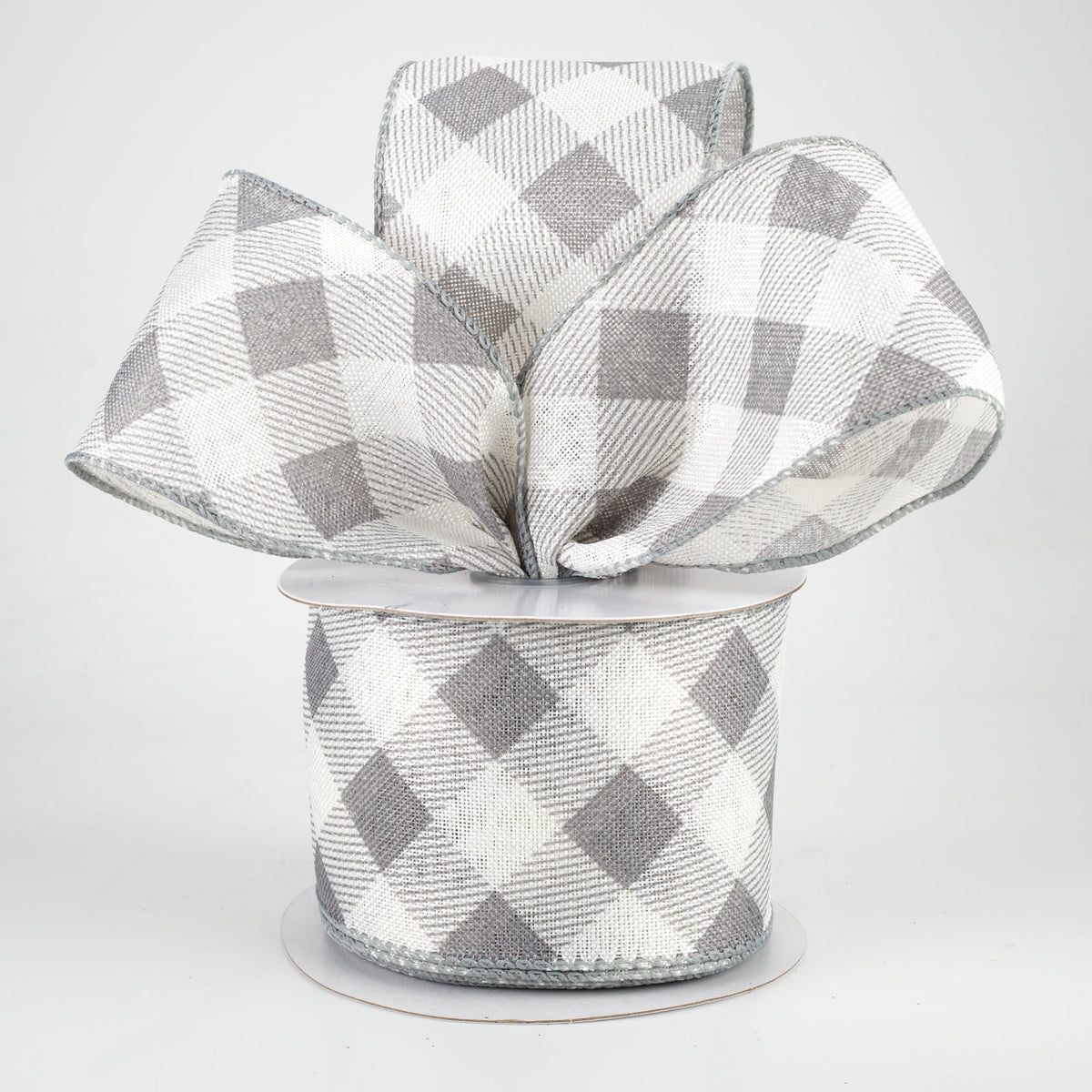 2.5" Diagonal Buffalo Plaid Ribbon: Grey & White (10 Yards) Lifestyle Photo