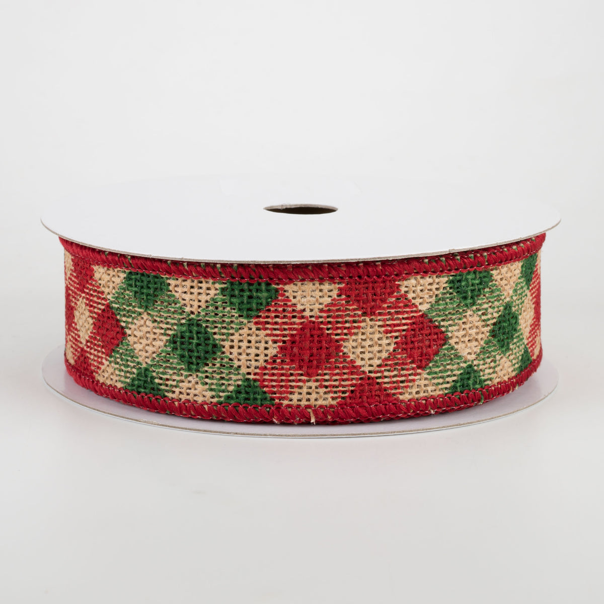 1.5" Diagonal Check Faux Burlap Ribbon: Natural, Red, Emerald (10 Yards)