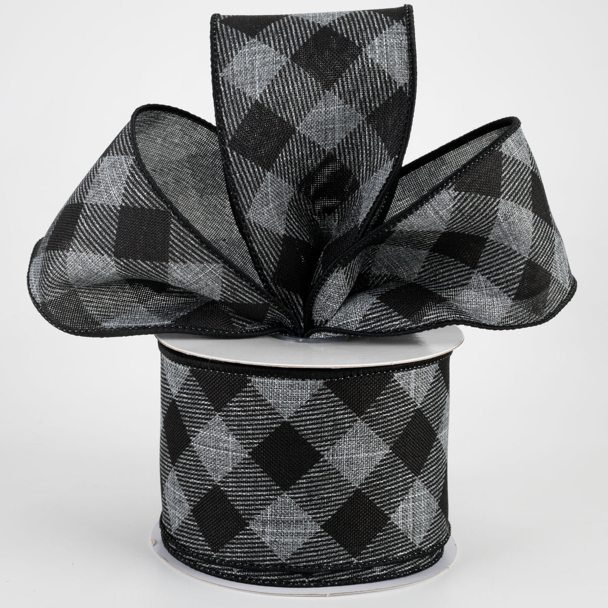 2.5" Diagonal Check Ribbon: Grey & Black (10 Yards) Lifestyle Photo