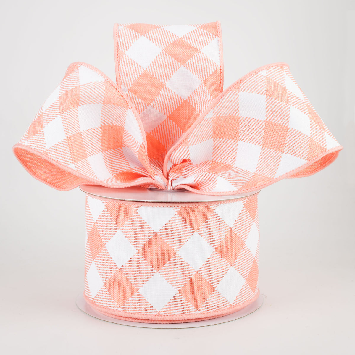 2.5" Diagonal Check Ribbon: Peach & White (10 Yards) Lifestyle Photo