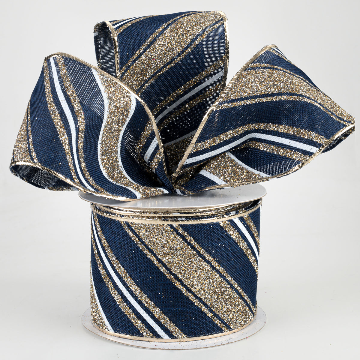 2.5" Diagonal Glitter Stripe Ribbon: Navy, Champagne Gold, White (10 Yards) Lifestyle Photo
