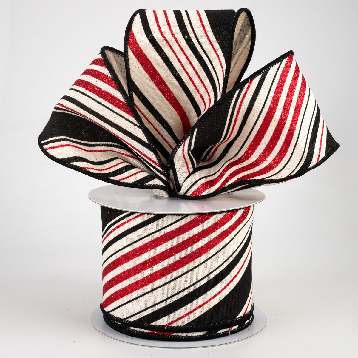 2.5" Diagonal Stripe Ribbon: Ivory, Black, Red (10 Yards) Lifestyle Photo