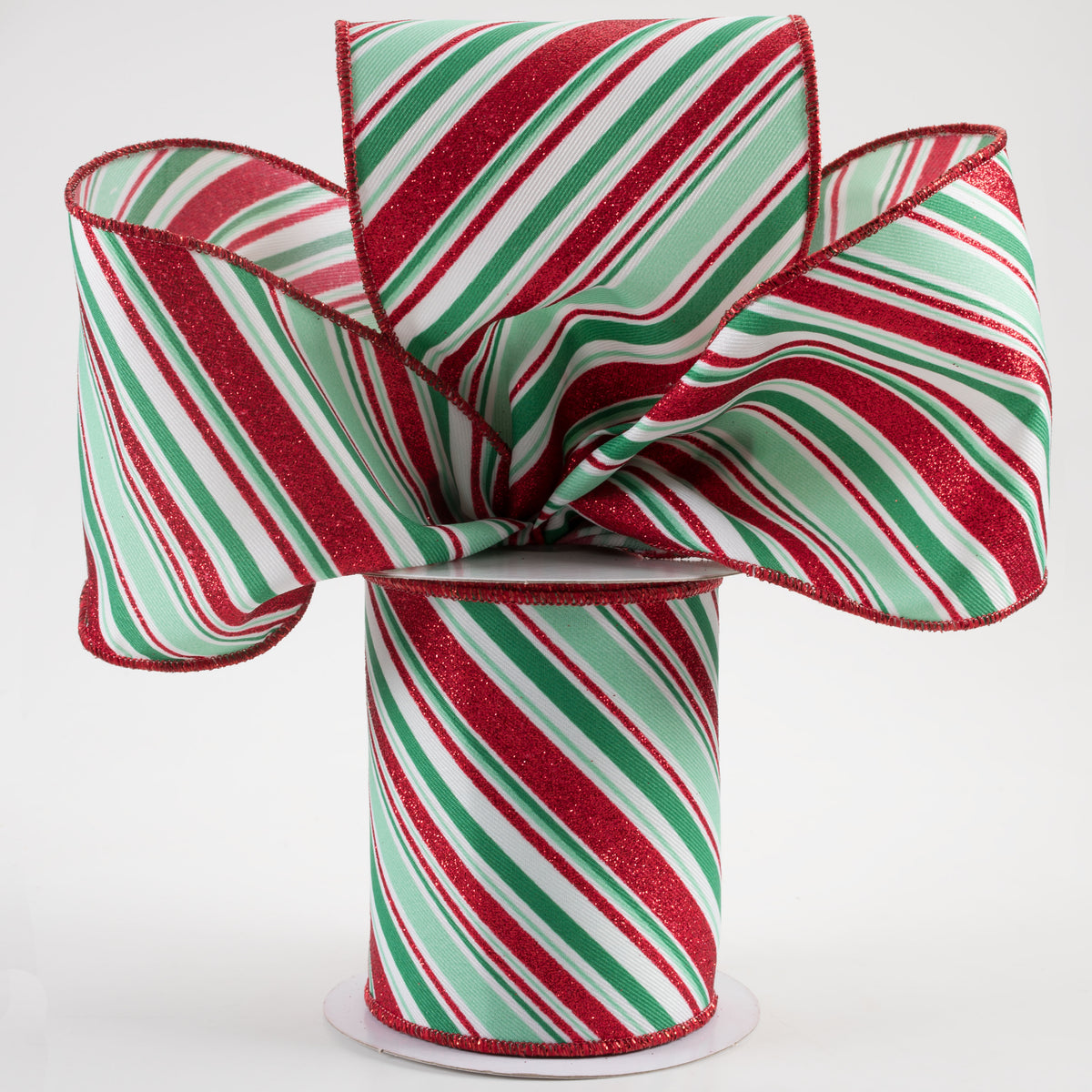 4" Diagonal Stripe Ribbon: White, Mint, Jade, Red (10 Yards) Lifestyle Photo