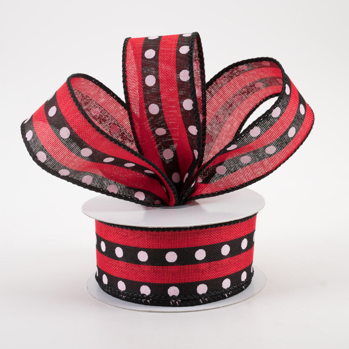 1.5" Dot Stripe Linen Ribbon: Black, Red, White (10 Yards) Lifestyle Photo