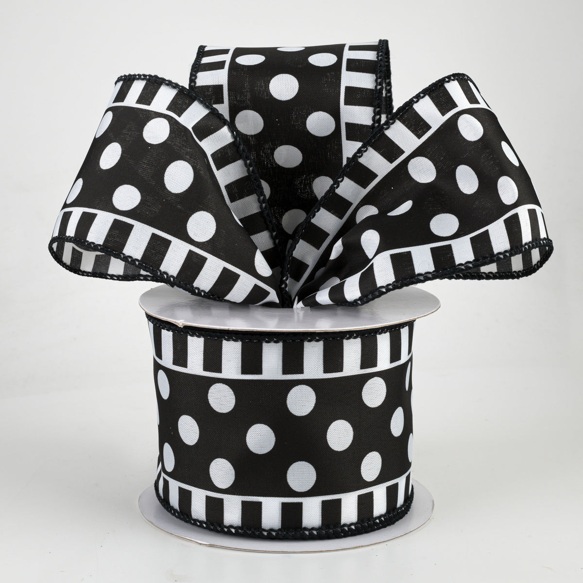 2.5" Dots & Stripes Satin Ribbon: White & Black (10 Yards) Lifestyle Photo
