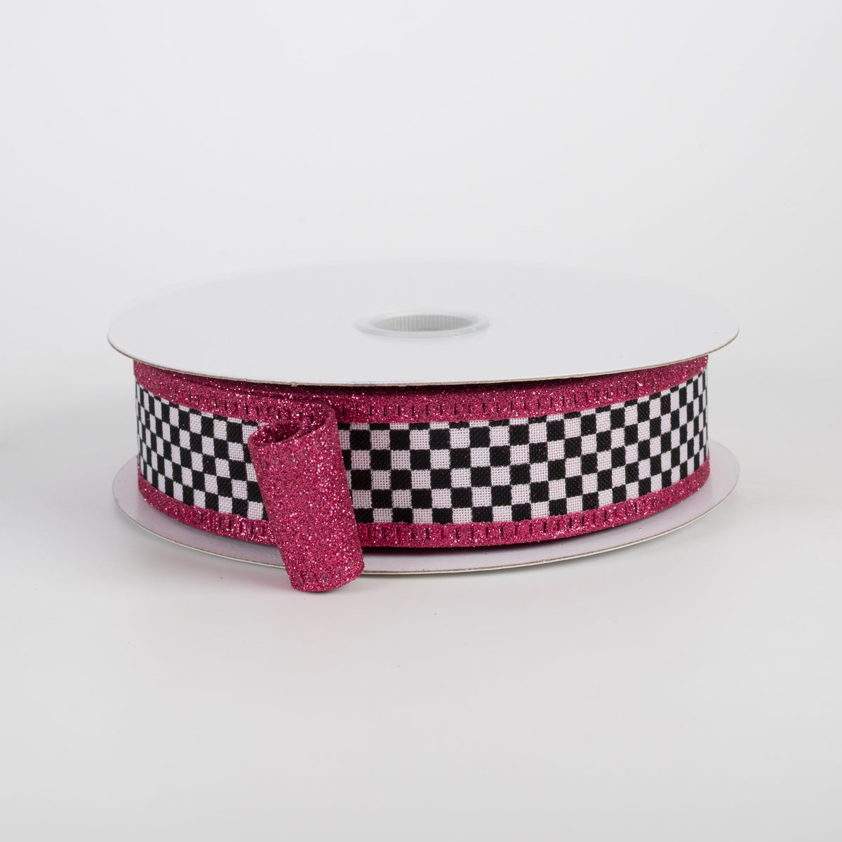 1" Double Sided Black & White Check Glitter Ribbon: Fuchsia Pink (10 Yards) Item Number: D56614-10-28