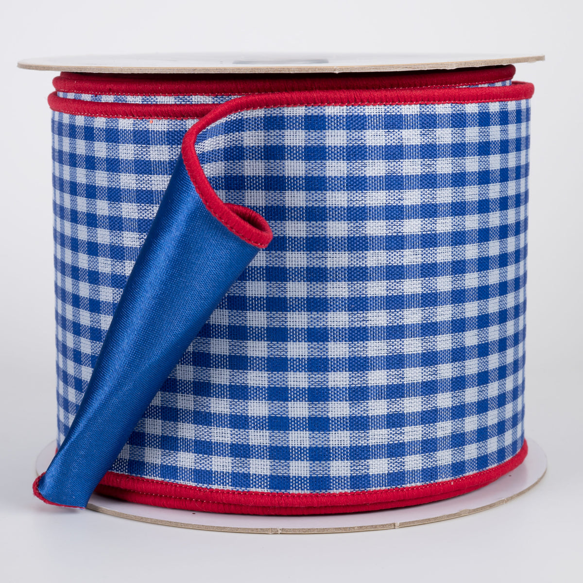 4" Double Sided Fused Check & Satin Ribbon: Blue, White & Red (10 Yards) Item Number: LX601925