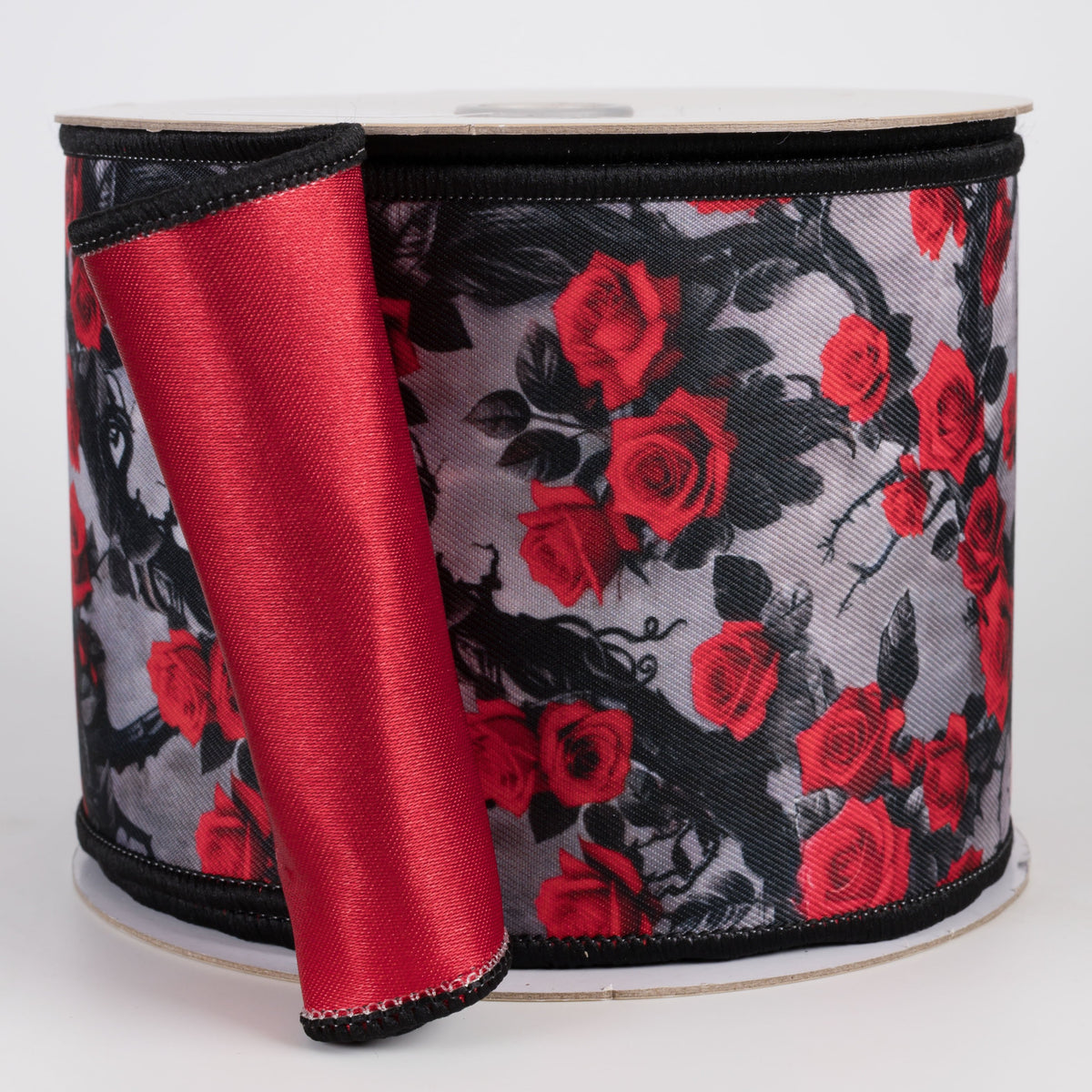 4" Double Sided Fused Roses & Vines Ribbon: Red & Black (10 Yards) Item Number: LX126024