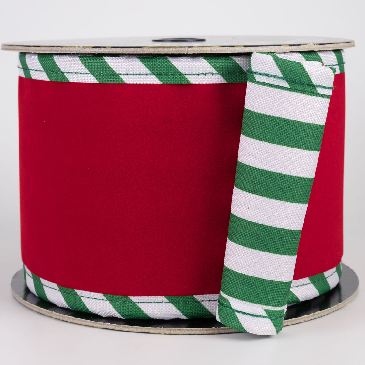 4" Double Sided Thick Flat Velvet & Cabana Stripe Ribbon: Red, Green & White (5 Yards) Item Number: D73601-04-17