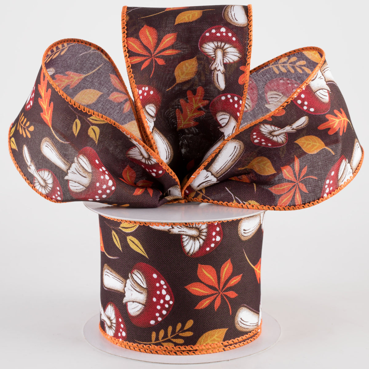 2.5" Earthy Fall Mushrooms Ribbon: Dark Brown (10 Yards) Lifestyle Photo