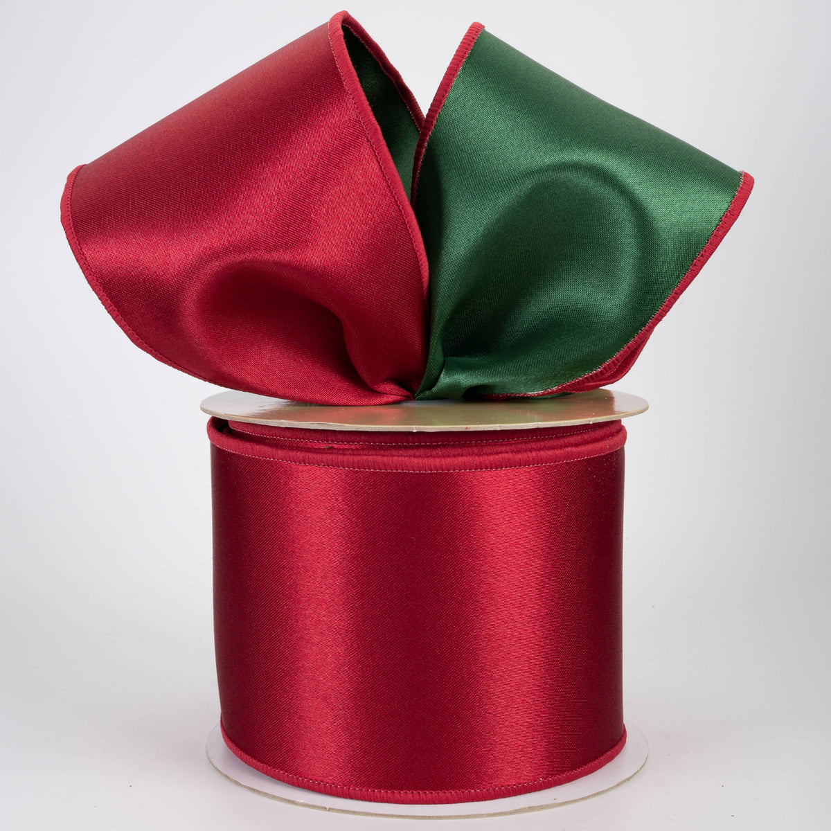 4" Double Sided Fused Satin Ribbon: Dark Red & Emerald Green (10 Yards)