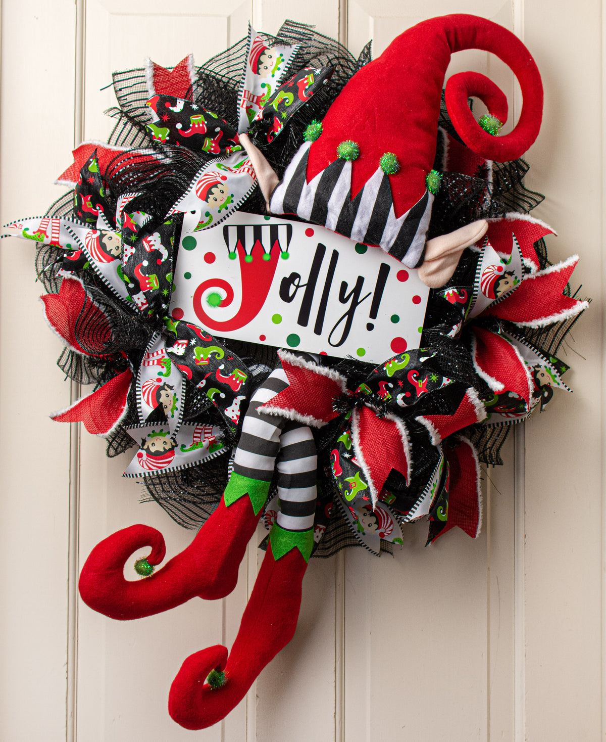 Elf Wreath Accent: Red, Lime, Black, White Stripe (3 Piece) Lifestyle Photo
