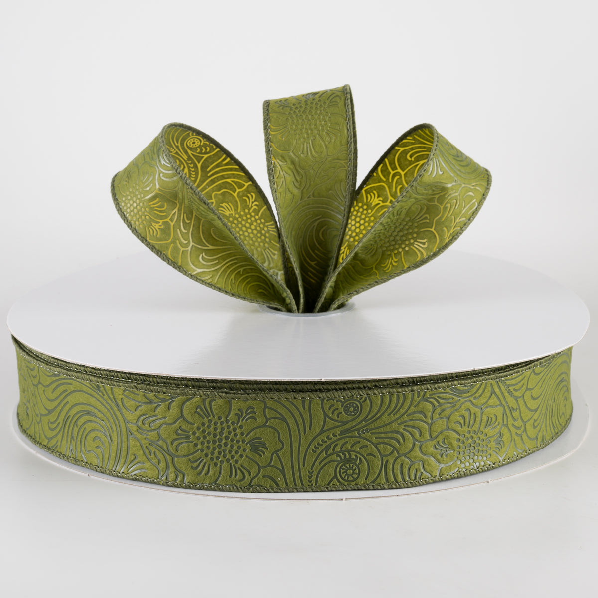 1.5" Embossed Flower Breeze Ribbon: Moss Green (50 Yards) Lifestyle Photo