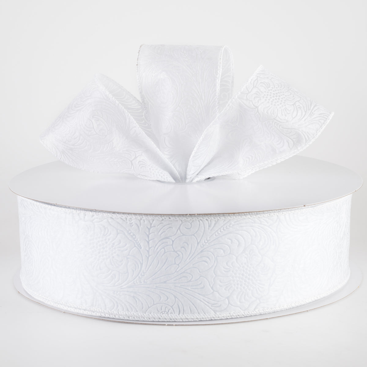 2.5" Embossed Flower Breeze Ribbon: White (50 Yards) Lifestyle Photo