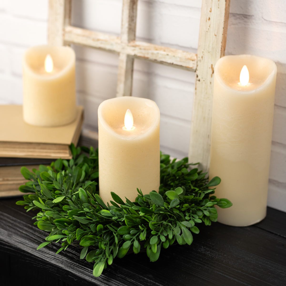9" Evergreen Boxwood Candle Ring Wreath on Twig Frame Lifestyle Photo