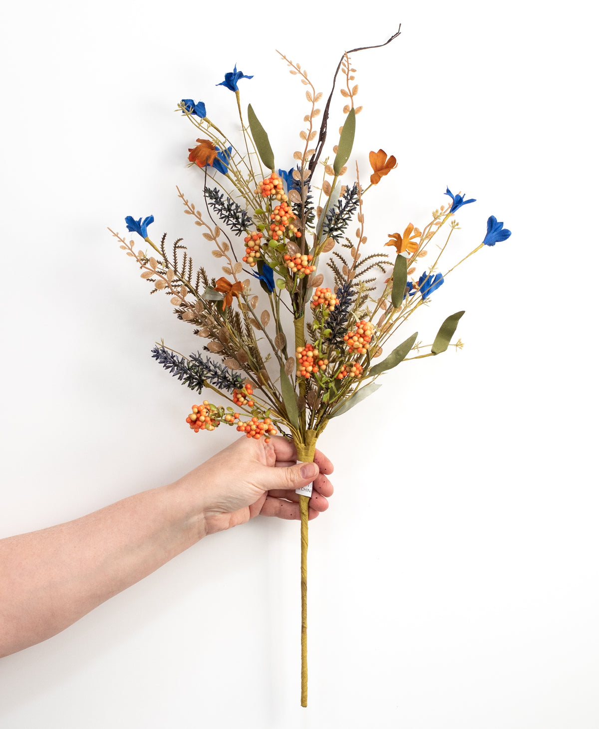24" Fabric Flower, Leaf, Berry Spray: Navy Blue & Rust Orange detail photo 3