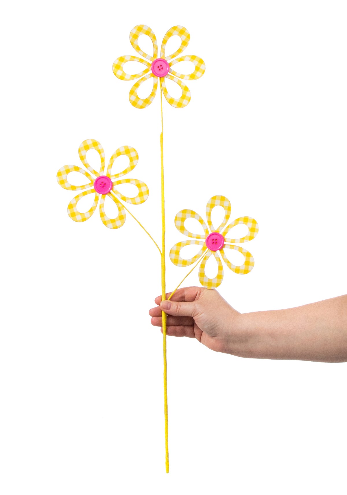 26" Fabric Hollow Gingham Flower Spray: Yellow & Light Pink detail photo 3