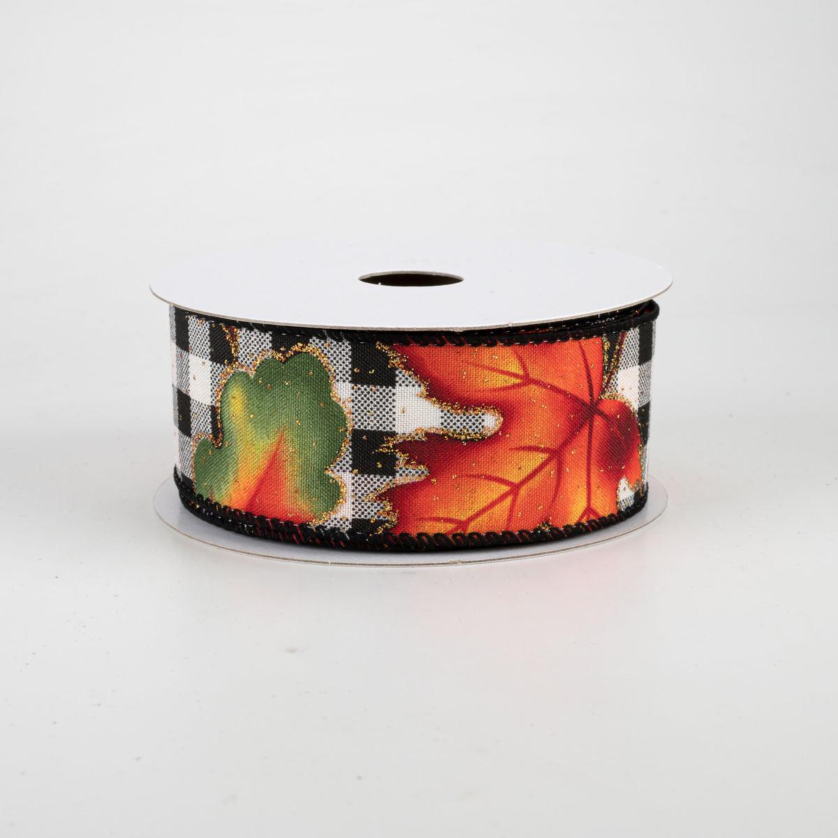 1.5" Fall Leaves On Check Ribbon: Black & Cream (10 Yards) Item Number: 61030-09-21