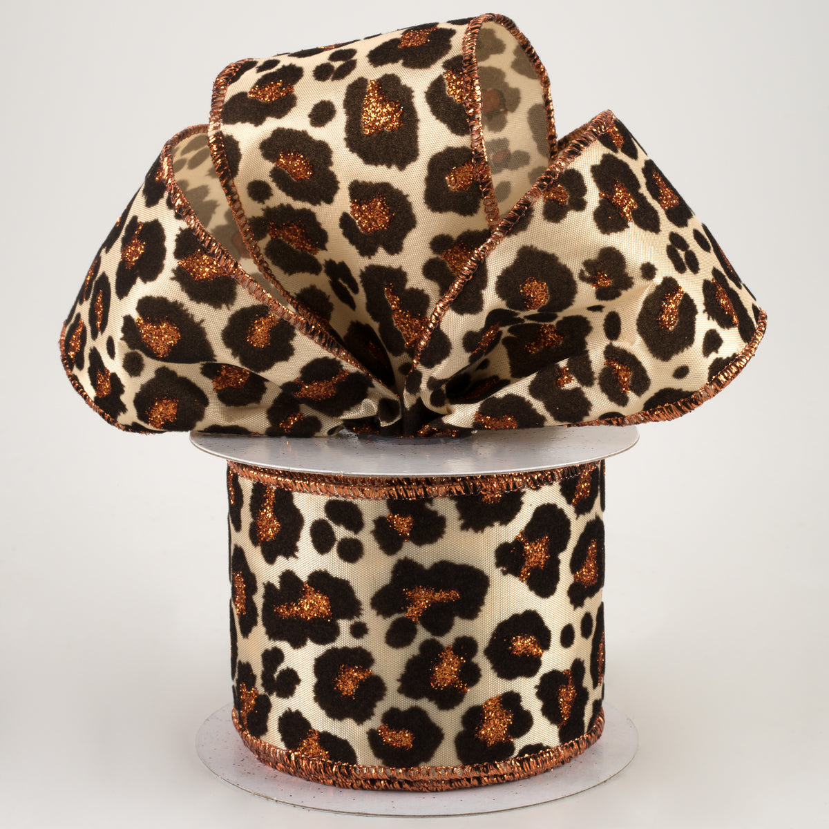 2.5" Flocked Cheetah Satin Ribbon: Light Gold, Brown, Rust (10 Yards) Lifestyle Photo