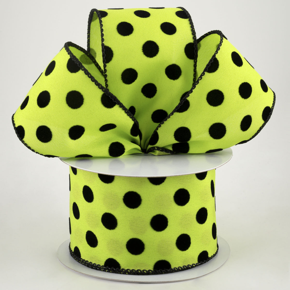 2.5" Flocked Dots Ribbon: Lime & Black (10 Yards) Lifestyle Photo