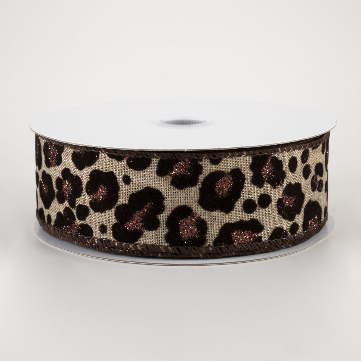 1.5" Flocked & Glittered Leopard Linen Ribbon: Natural (10 Yards)