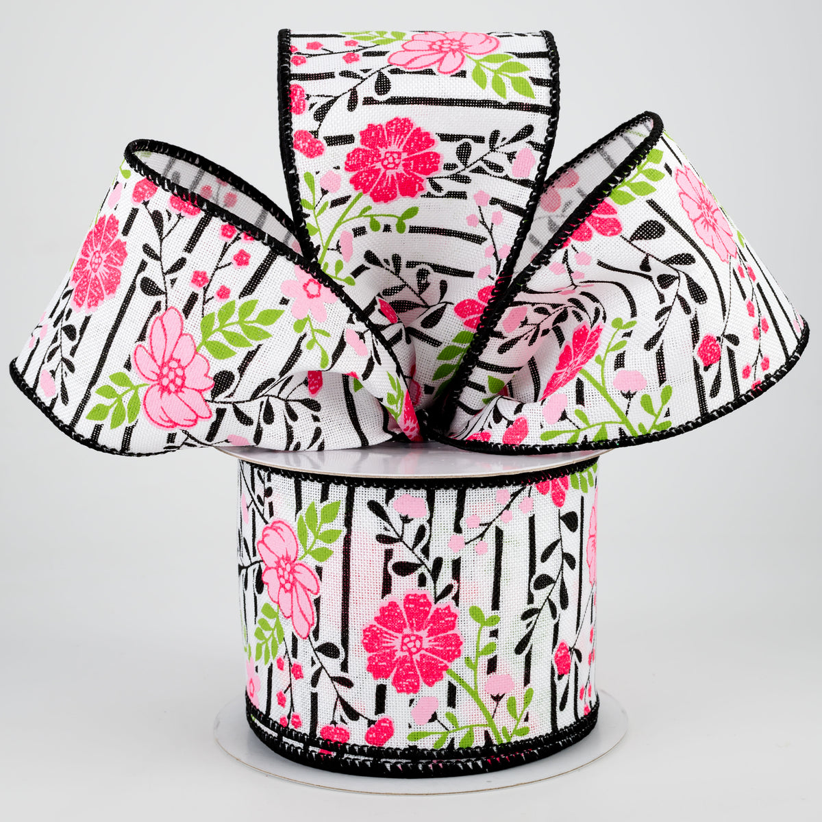 2.5" Floral Lines Ribbon: White, Pink, Black (10 Yards) Lifestyle Photo
