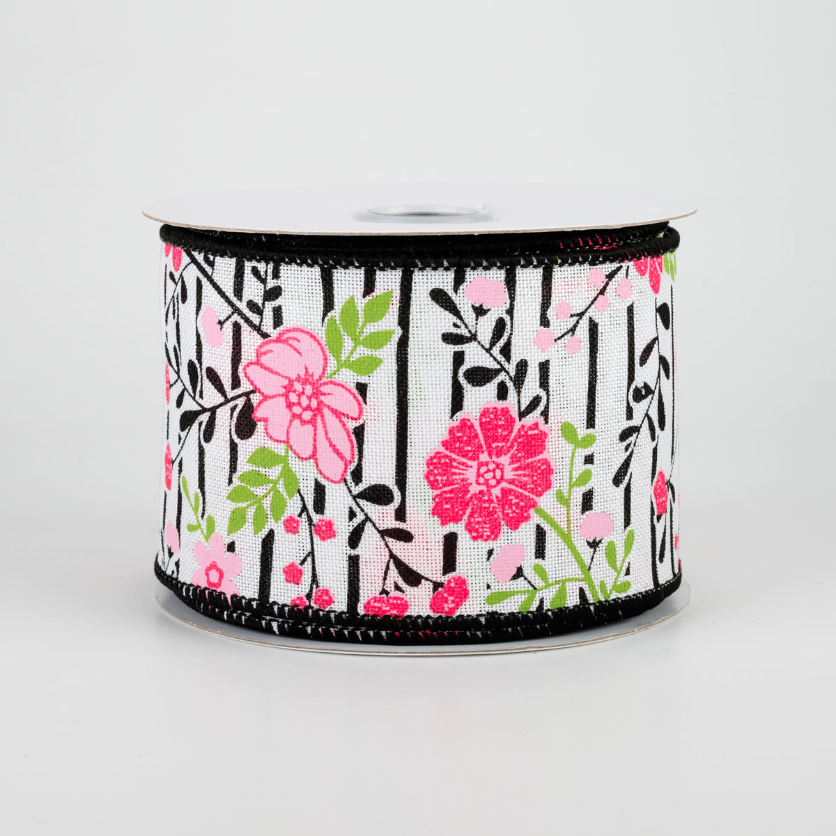 2.5" Floral Lines Ribbon: White, Pink, Black (10 Yards)