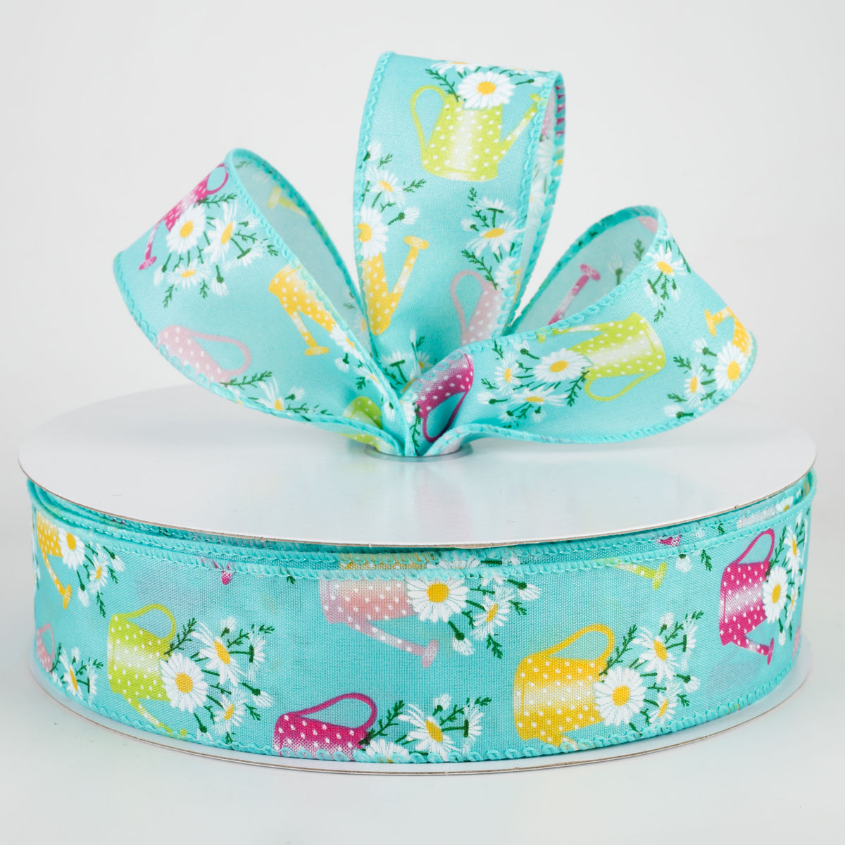 1.5" Flower Filled Watering Can Ribbon: Aqua (50 Yards) Lifestyle Photo