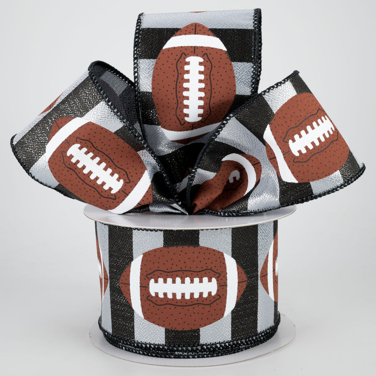 2.5" Footballs On Stripe Ribbon: Black & Silver (10 Yards) Lifestyle Photo