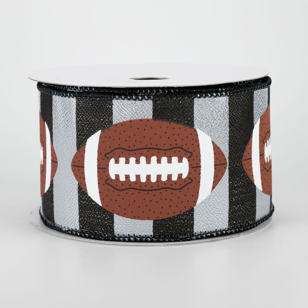 2.5" Footballs On Stripe Ribbon: Black & Silver (10 Yards)