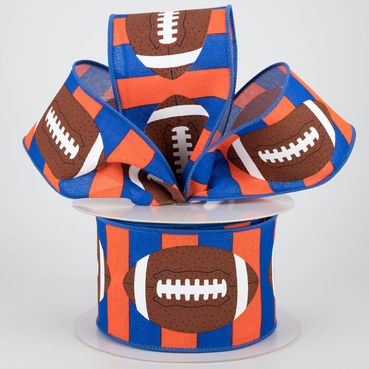 2.5" Footballs On Stripe Ribbon: Blue, Orange, Brown (10 Yards) Lifestyle Photo