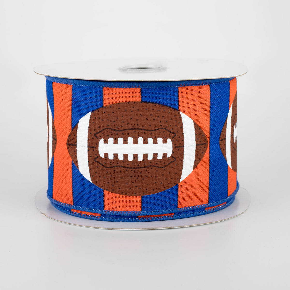 2.5" Footballs On Stripe Ribbon: Blue, Orange, Brown (10 Yards)