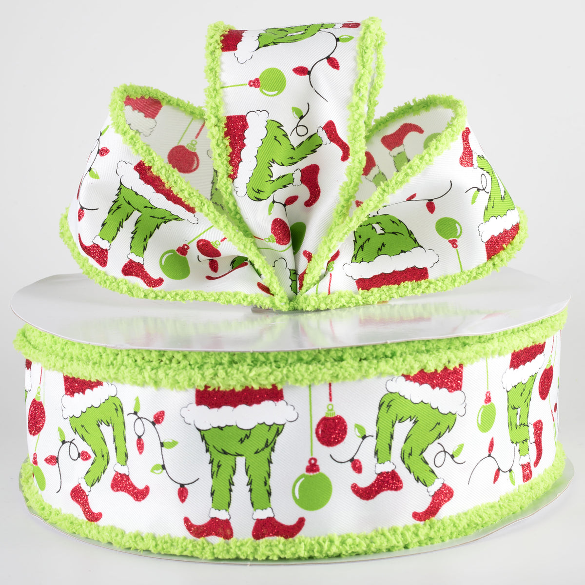 2.5" Furry Edge Green Monster Elf Legs Ribbon: White (50 Yards) Lifestyle Photo