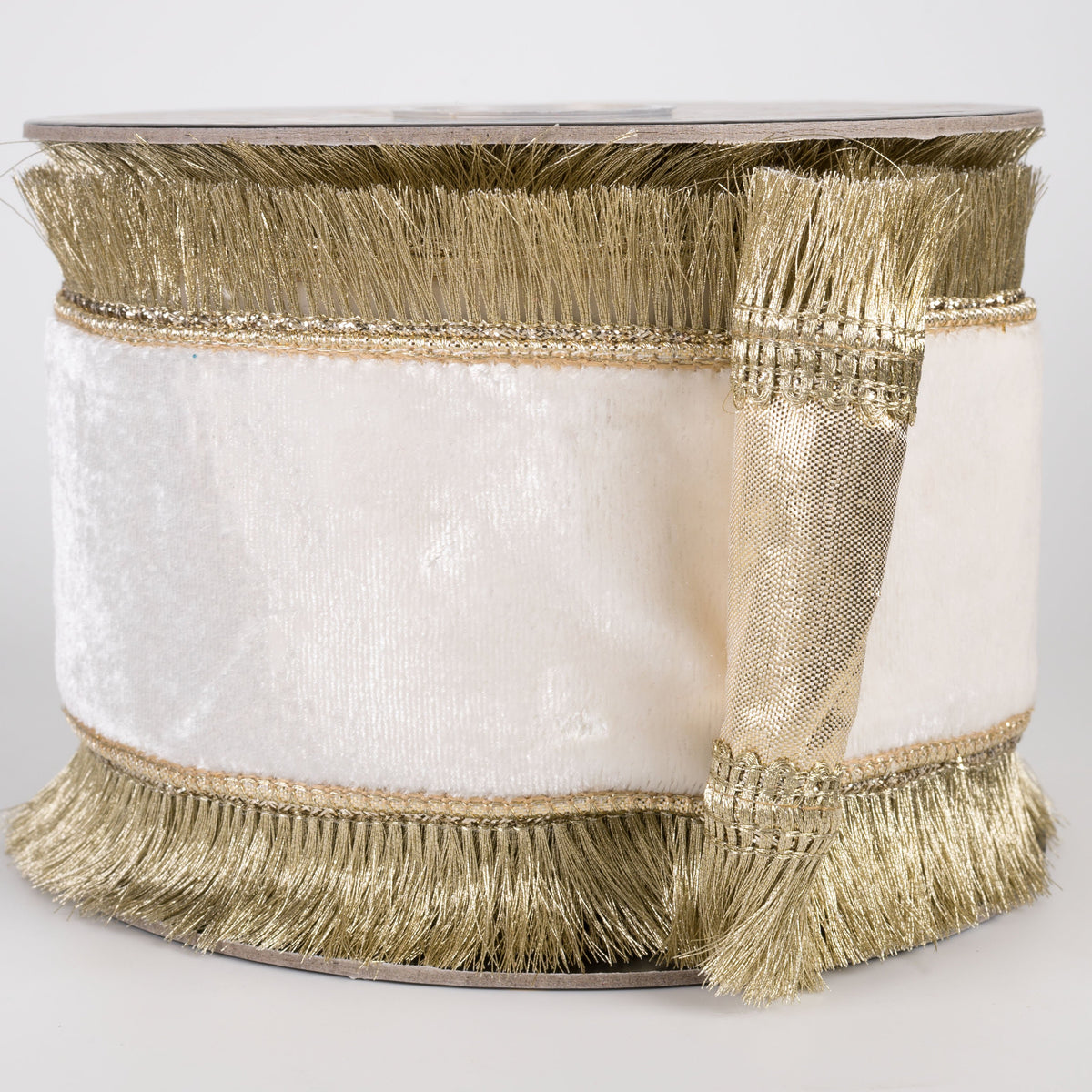 4" Fused Sheldon Fringe Edge Velvet & Metallic Dupioni Ribbon: Ivory & Gold (10 Yards) Item Number: RR0077