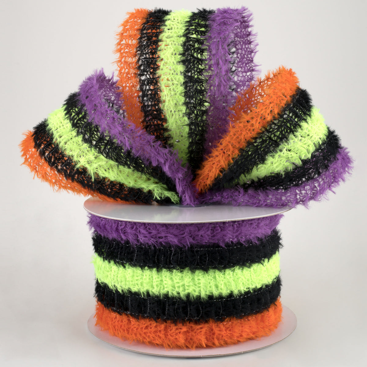 2.5" Fuzzy Stripes Ribbon: Black, Orange, Purple, Lime (10 Yards) Lifestyle Photo