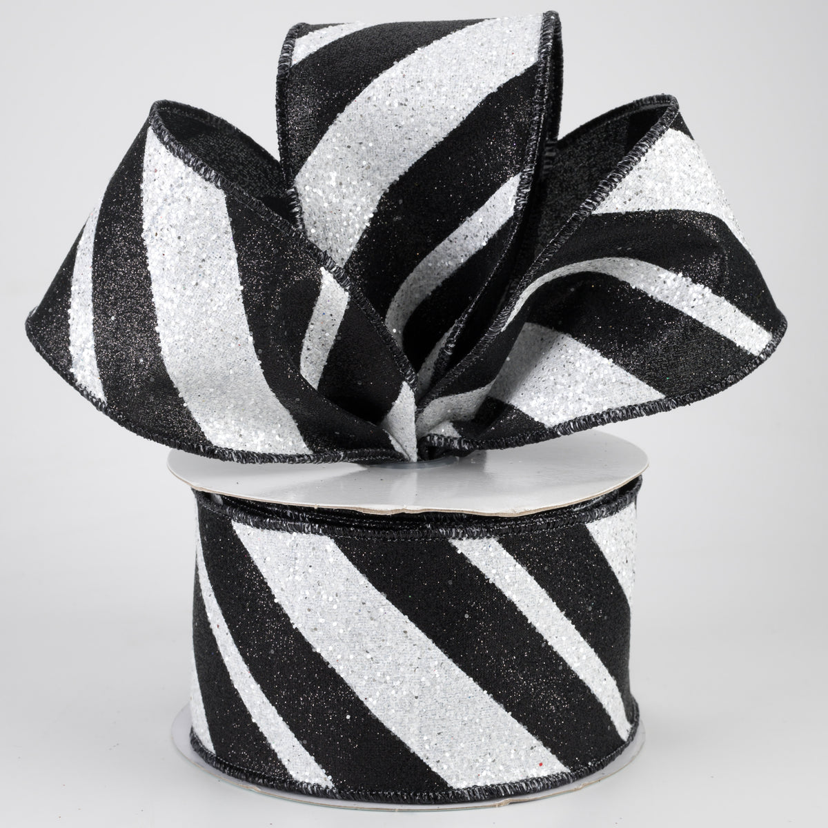 2.5" Giant Glitter Diagonal Lines Ribbon: Black & White (10 Yards) Lifestyle Photo