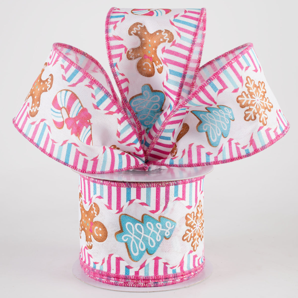 2.5" Gingerbread Christmas Cookies Stripes Ribbon: Pink & Blue (10 Yards) Lifestyle Photo
