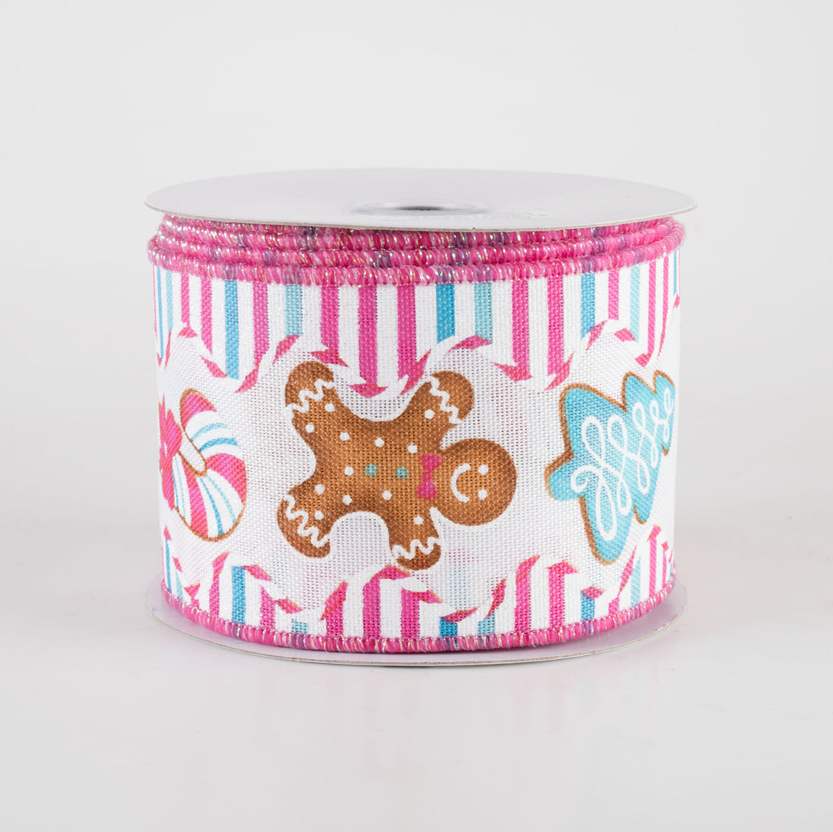 2.5" Gingerbread Christmas Cookies Stripes Ribbon: Pink & Blue (10 Yards) Item Number: RGF1418WT