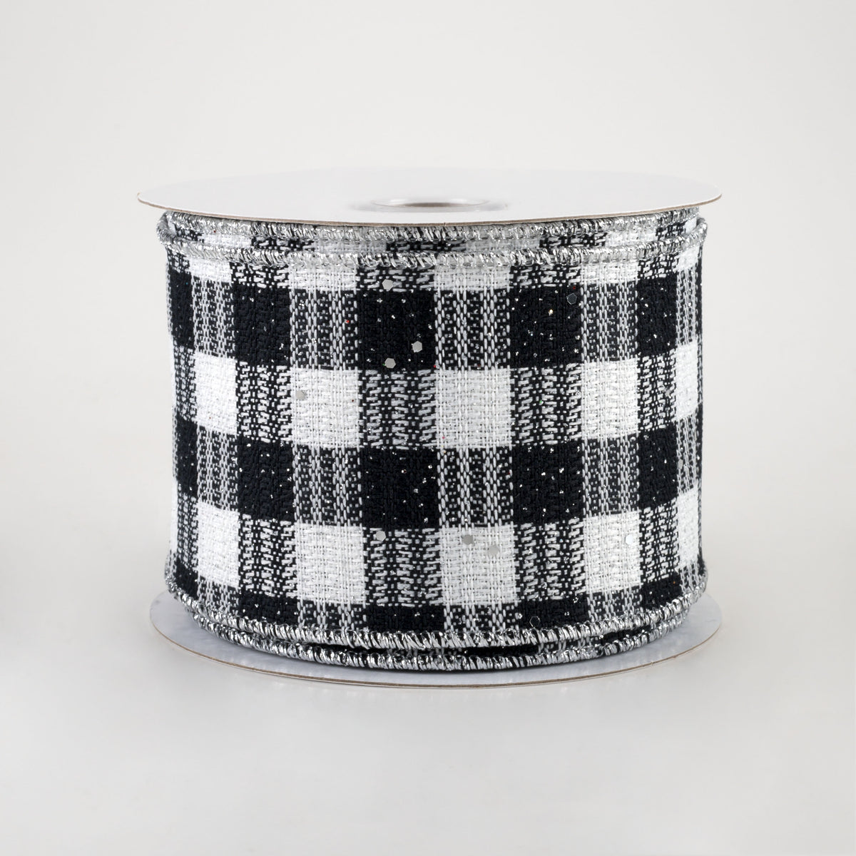 2.5" Gingham Check Hex Glitter Ribbon: Black, White, Silver (10 Yards)