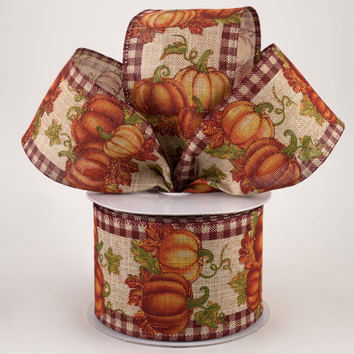 2.5" Gingham Edge Pumpkins Ribbon: Burgundy on Natural (10 Yards) Lifestyle Photo