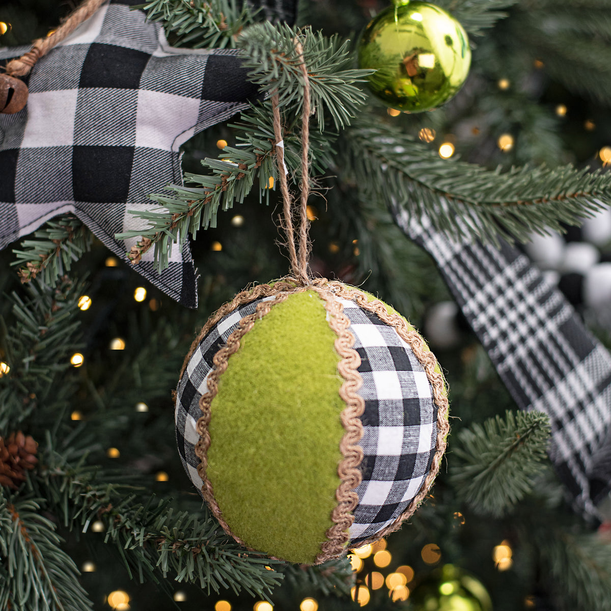 4" Gingham, Felt, Jute Ball Ornament: Black, White, Green Lifestyle Photo