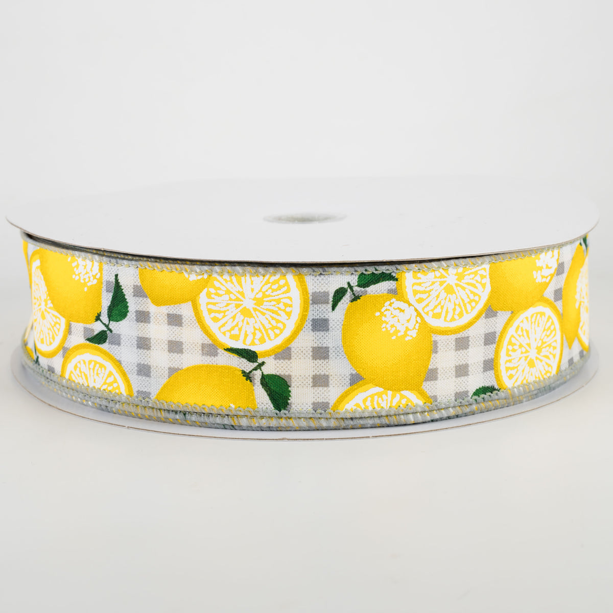 1.5" Gingham Lemons Ribbon: Grey (50 Yards) Item Number: 841-09-113