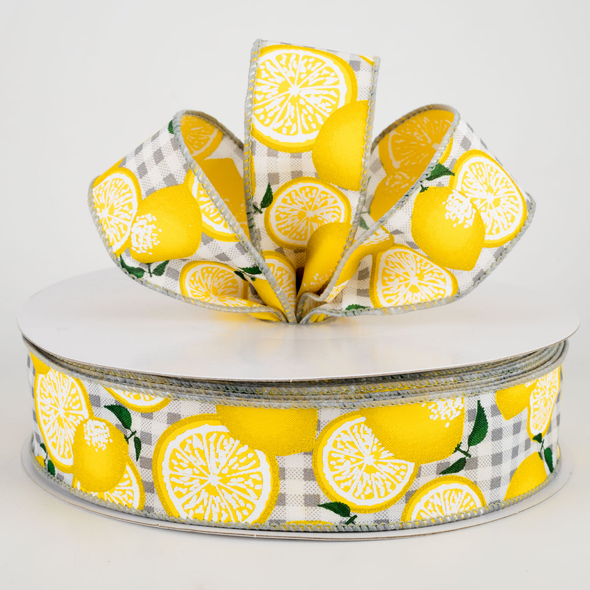 1.5" Gingham Lemons Ribbon: Grey (50 Yards) Lifestyle Photo