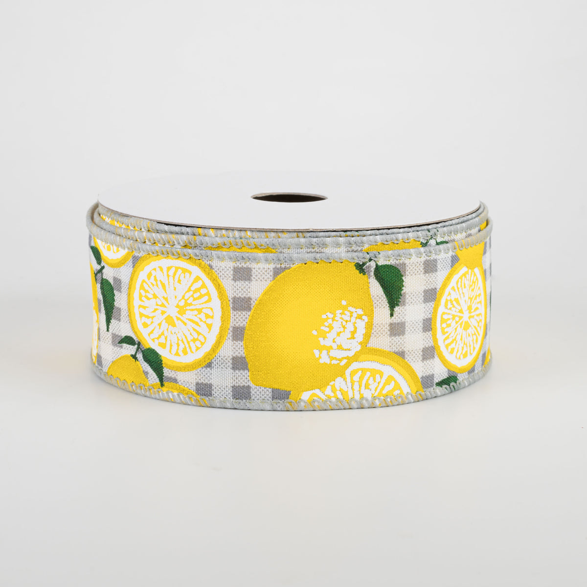 1.5" Gingham Lemons Ribbon: Grey (10 Yards)