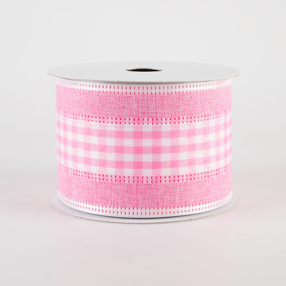 2.5" Gingham & Linen Edge Ribbon: Pink & White (10 Yards)