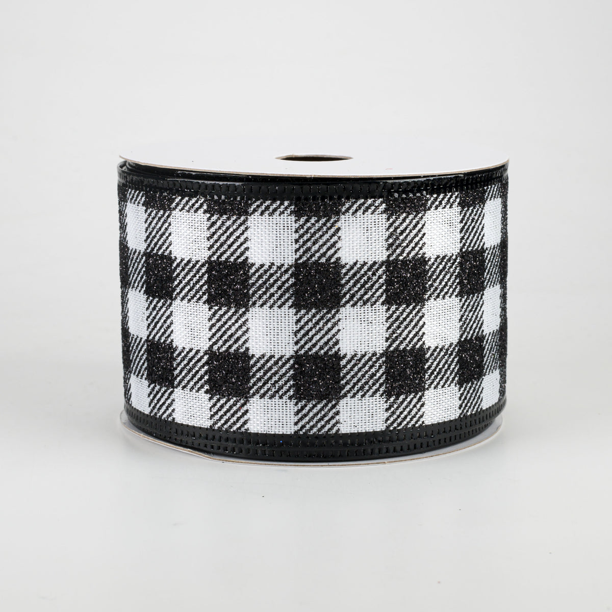 2.5" Glitter Buffalo Plaid Ribbon: White & Black (10 Yards) Item Number: 75022-40-21