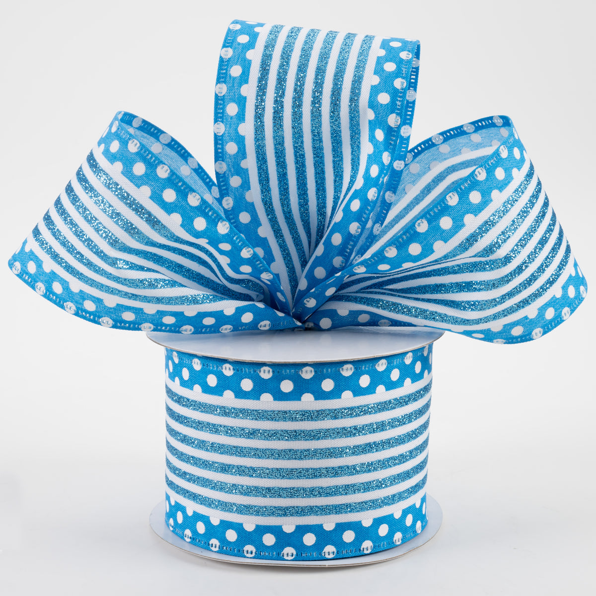 2.5" Glitter Cabana Stripe Dot Edge Ribbon: White, Aqua, Turquoise (10 Yards) Lifestyle Photo