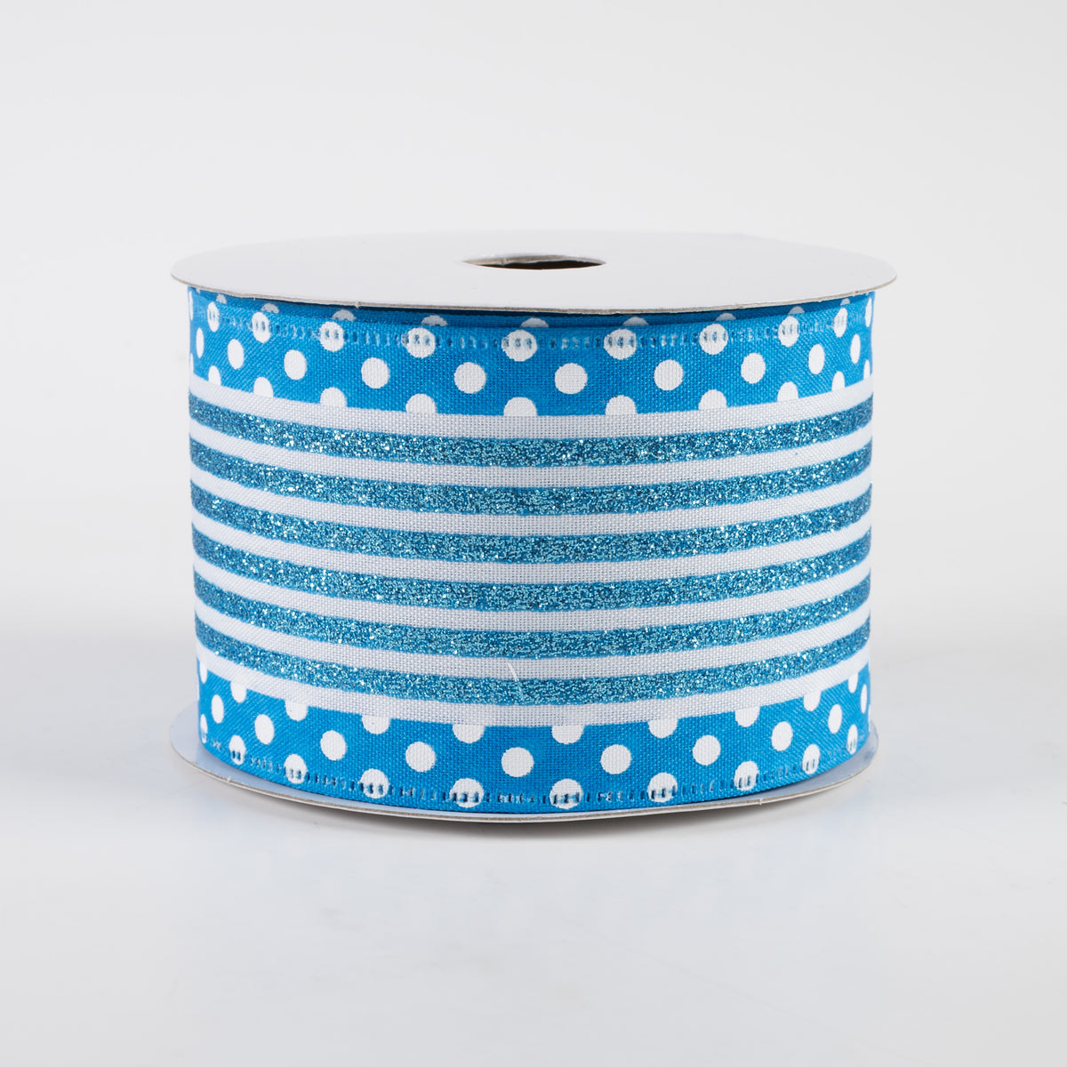 2.5" Glitter Cabana Stripe Dot Edge Ribbon: White, Aqua, Turquoise (10 Yards)